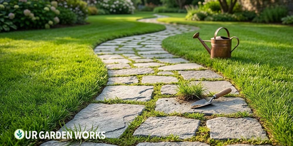 How to lay a flagstone garden path — irregular stones set in a base with grass growing between joints