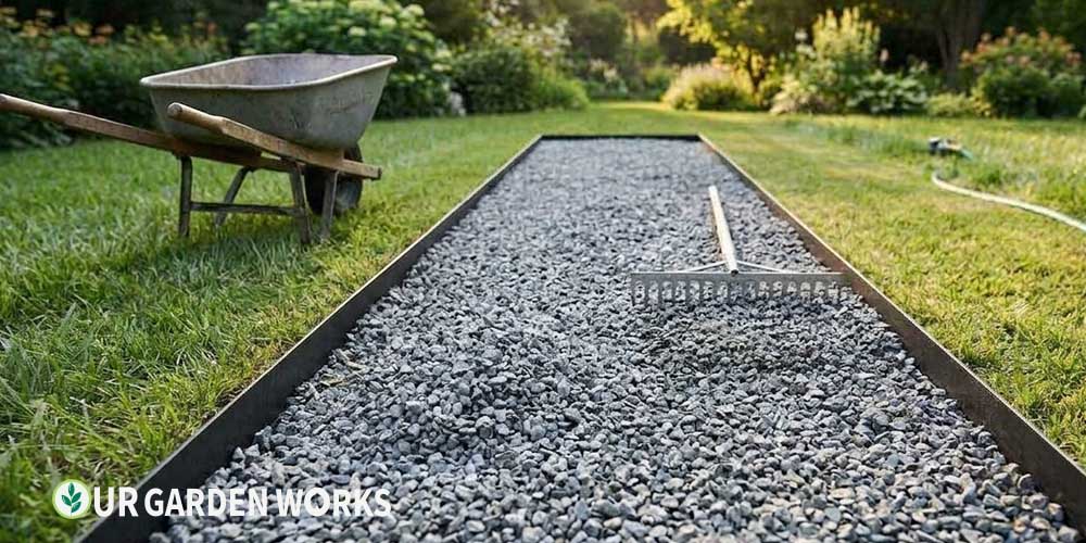 No-dig gravel garden path laid over existing lawn with metal edging