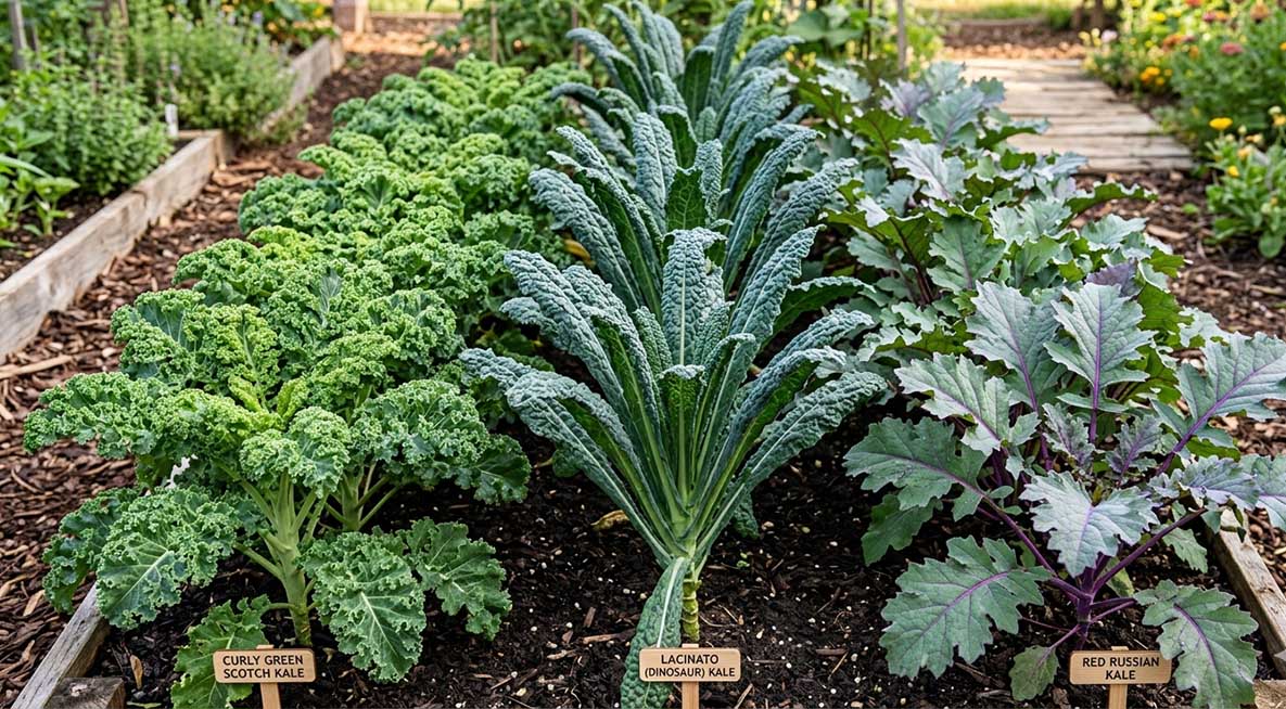 Lush kale plants showing multiple varieties side by side