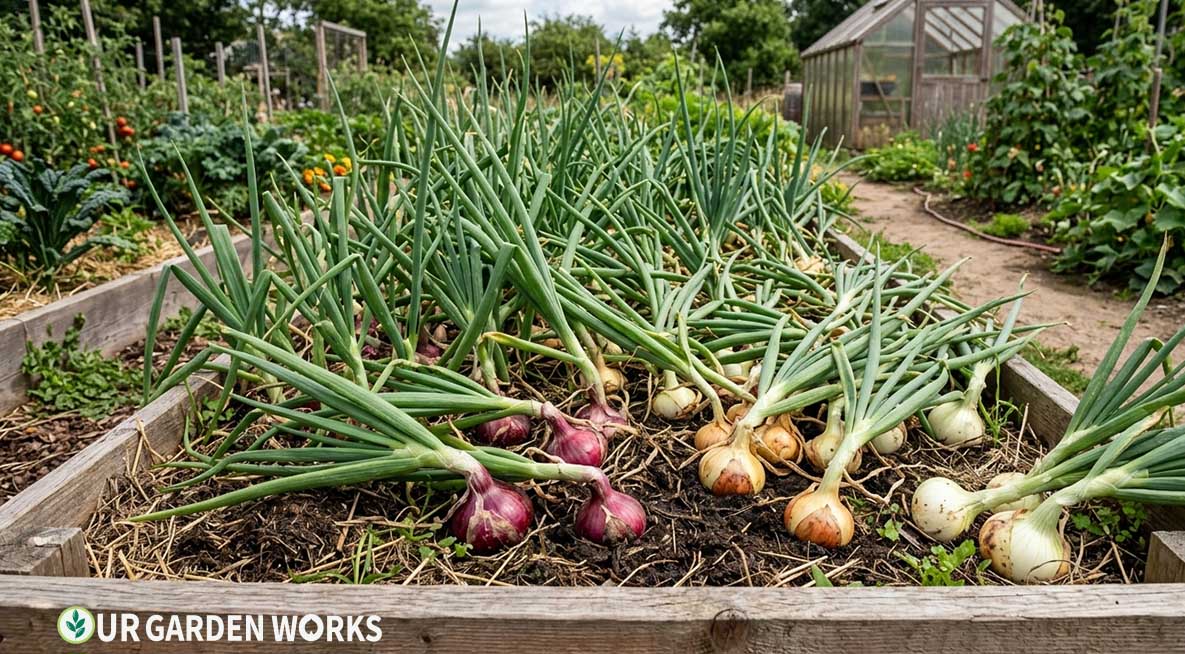 How to grow onions - Raised bed of mature onion plants with tops beginning to fall — red, yellow, and white varieties mixed together