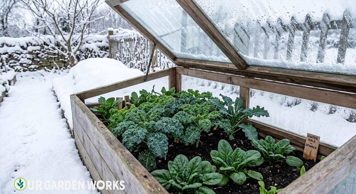 How to grow vegetables in winter — cold frame with healthy kale and spinach plants during winter