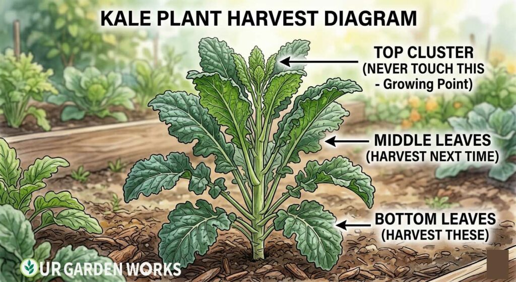 Kale plant diagram showing: bottom leaves (harvest these), middle leaves (harvest next time), top cluster (never touch this) — annotated clearly