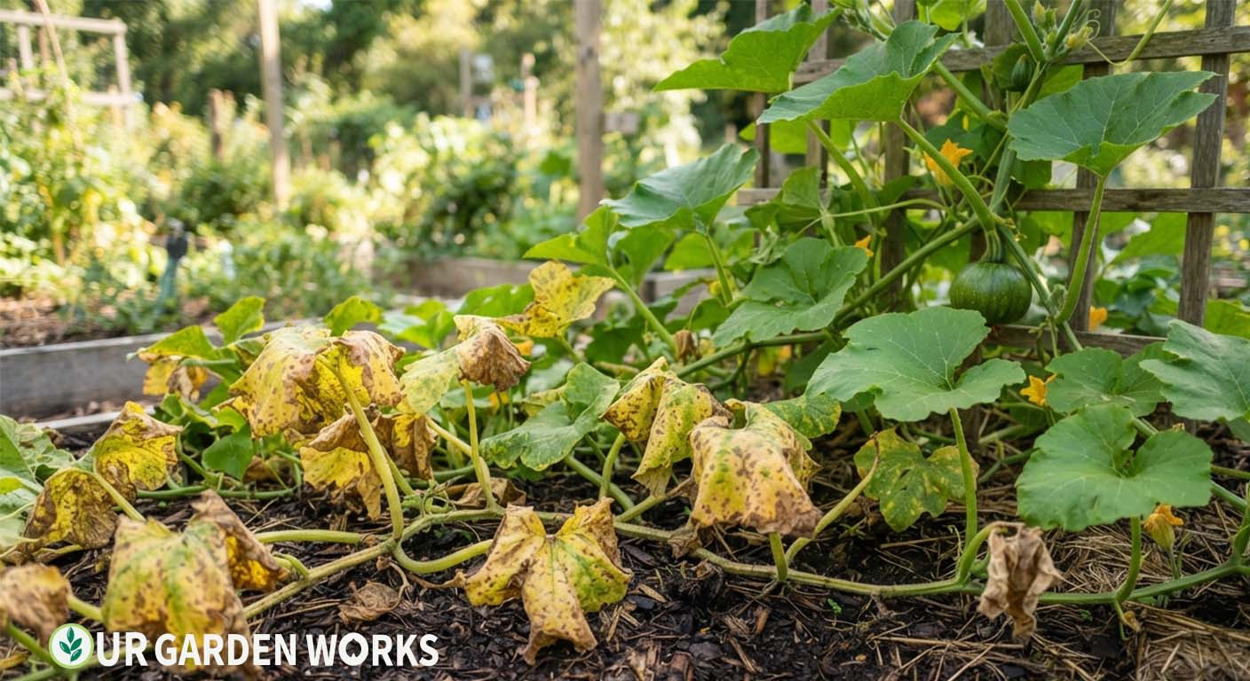 Pumpkin leaves turning yellow — lower foliage yellowing while upper growth and developing pumpkins remain healthy