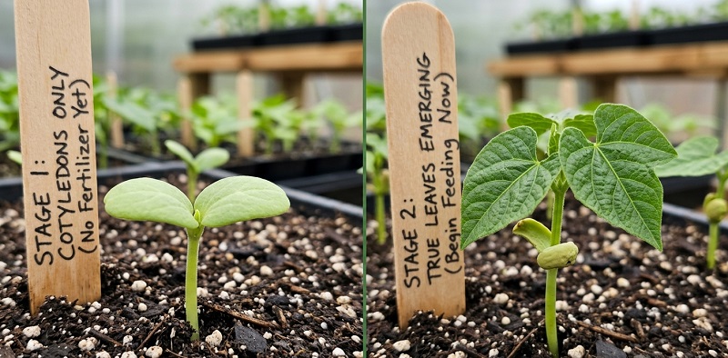 Close-up comparison: seedling with only cotyledons (no fertilizer yet) vs same seedling with first true leaves emerging (begin feeding now)