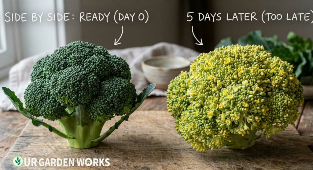 Side by side: broccoli head with tight beads (ready) vs. same head 5 days later with loosened beads and yellow starting to show (too late)