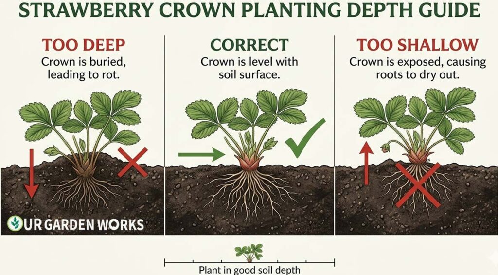 Side-by-side diagram showing three crown depths: too deep (buried), correct (level), too shallow (crown above soil) — clearly labelled