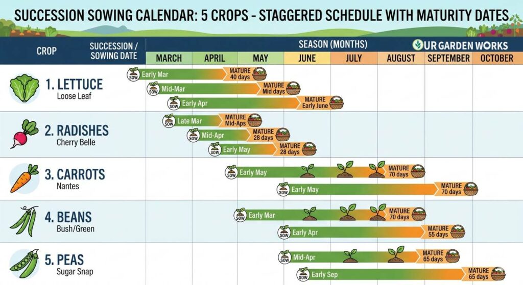 Simple grid calendar showing succession sowing dates for 5 crops across the season — showing the staggered schedule with maturity dates marked