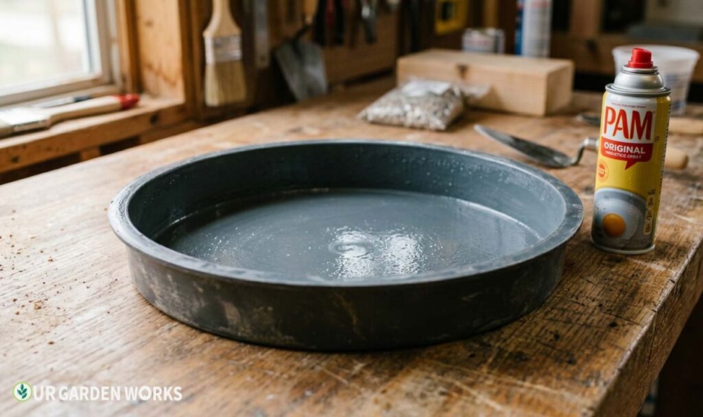 Greased plastic stepping stone mold ready for concrete