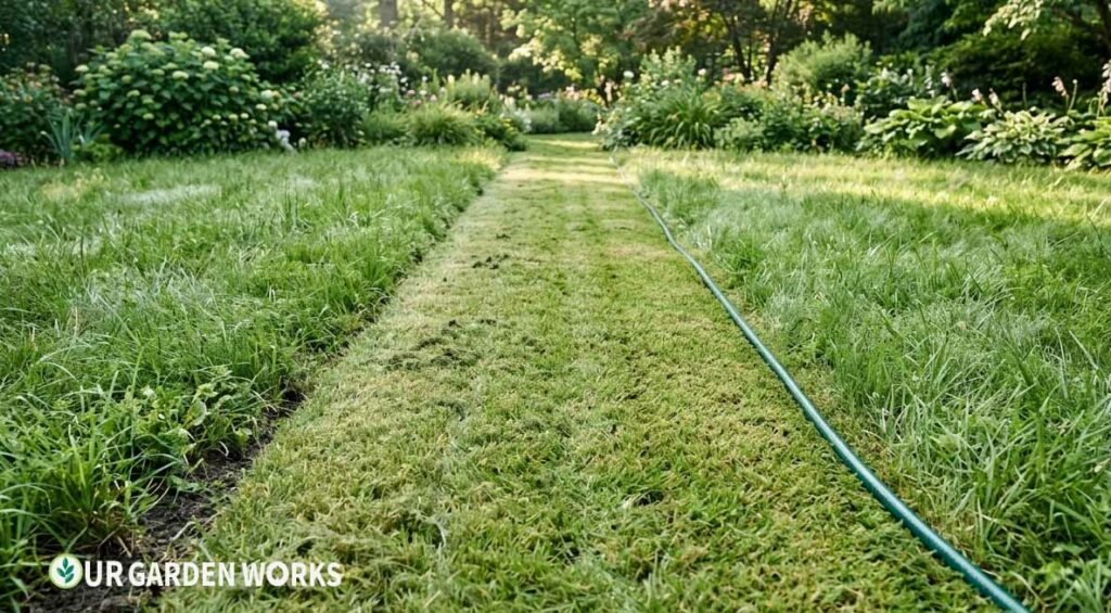 Marking and mowing the path area before installing a no-dig gravel path