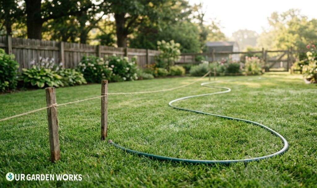 Marking a flagstone path route with a garden hose before excavation