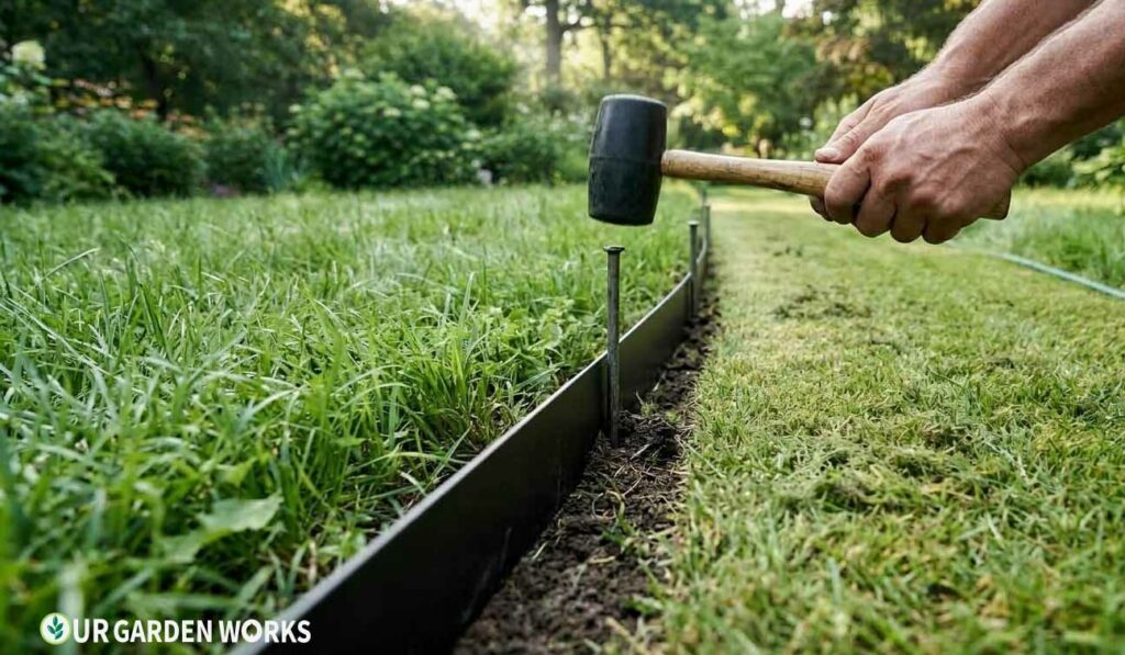 Installing metal landscape edging before laying a no-dig gravel path