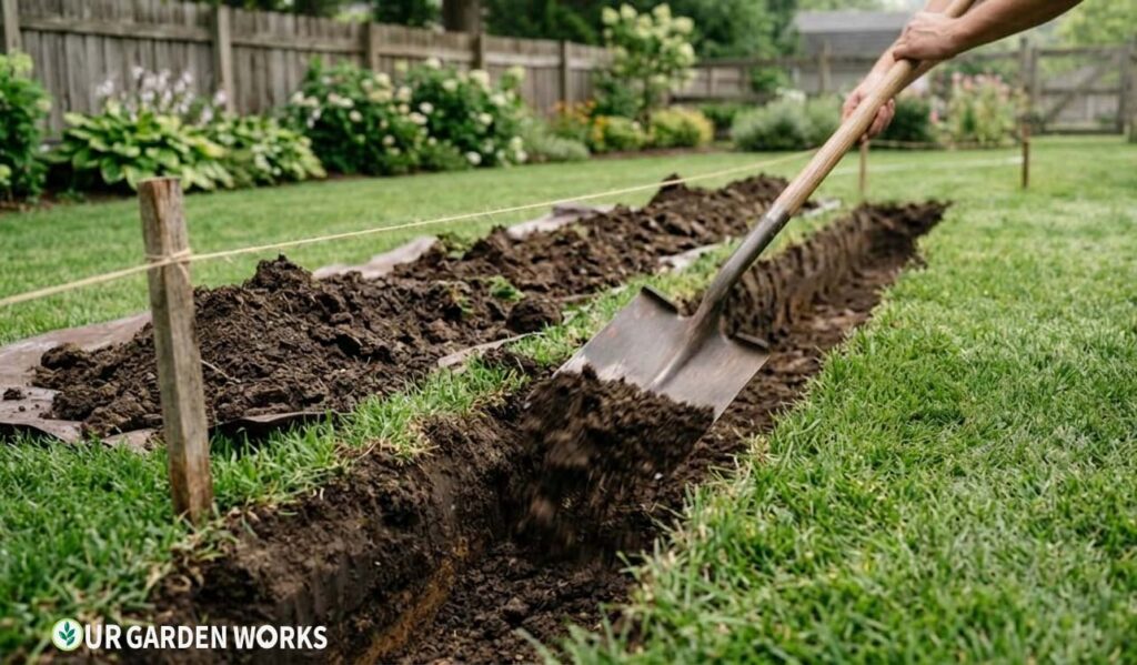 Excavating soil for a flagstone path base to the correct depth