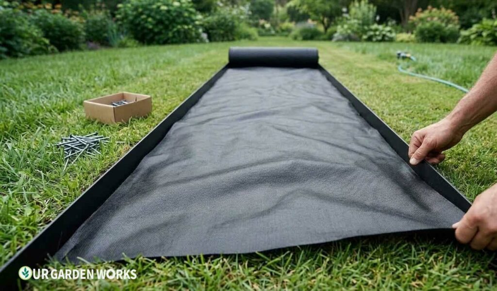 Laying landscape fabric over grass for a no-dig gravel path