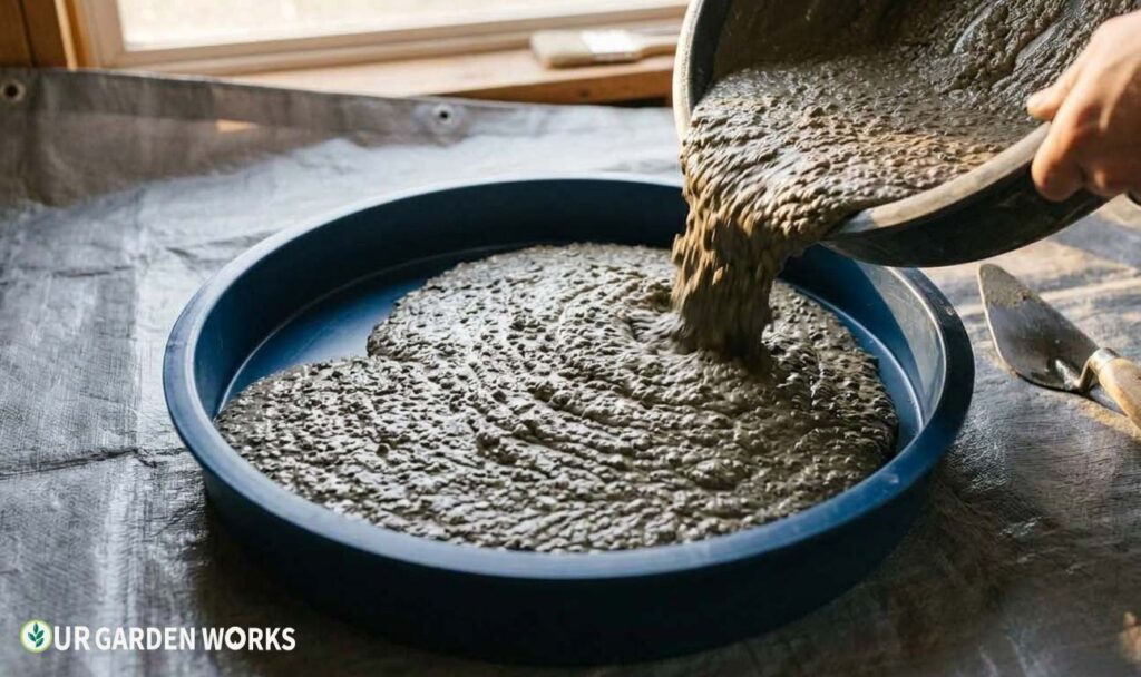 Pouring and smoothing concrete into a stepping stone mold