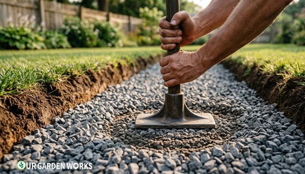 Compacting the gravel base layer for a flagstone path foundation