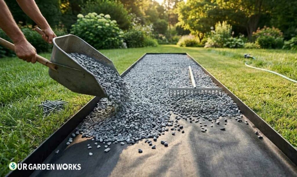Spreading and leveling gravel over landscape fabric
