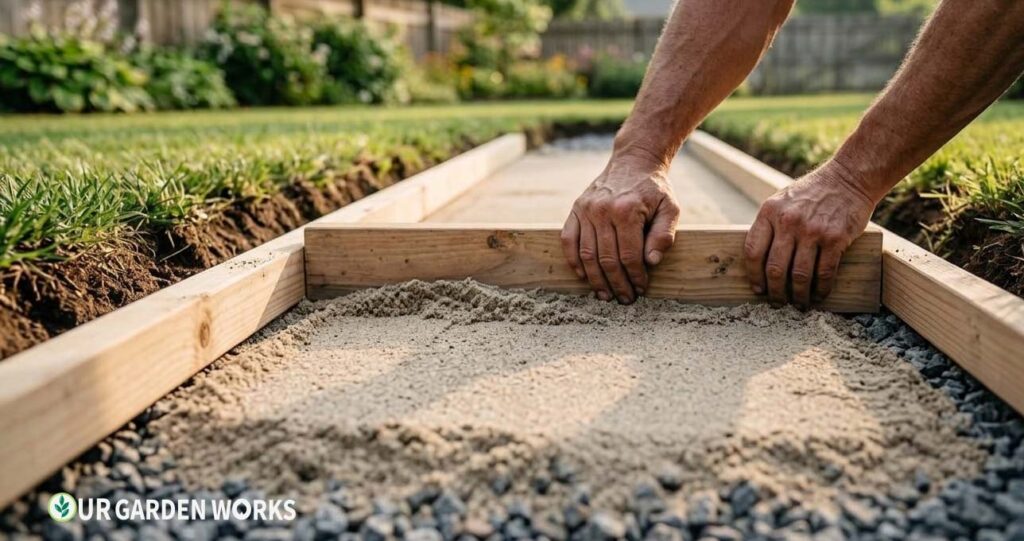 Screeding a level sand bed before setting flagstone