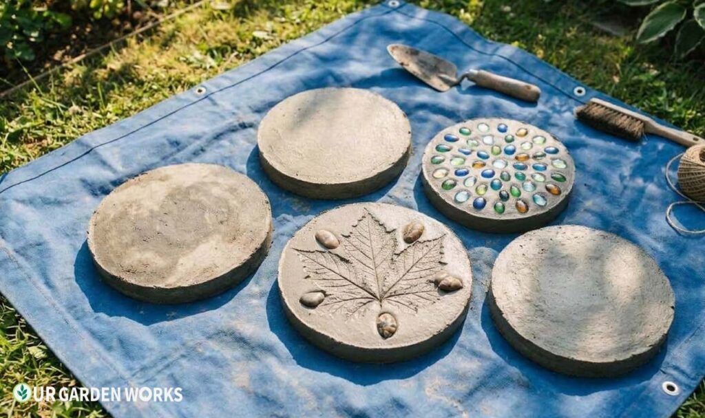 Curing DIY concrete stepping stones on a tarp before use