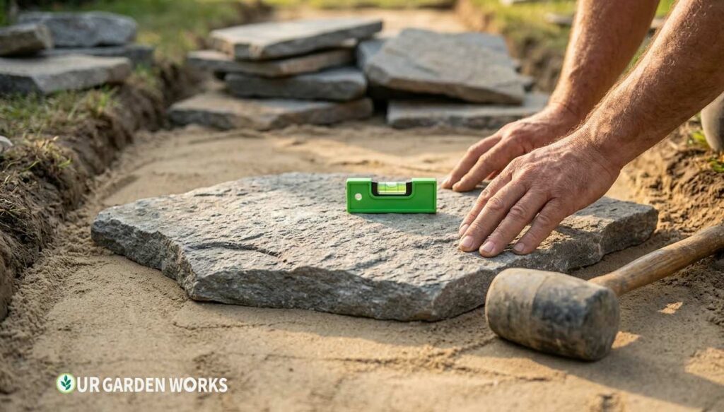 Set the Flagstones Hands pressing an irregular flat gray flagstone into a bed of sand