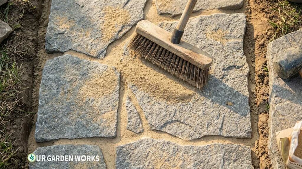 Sweeping polymeric sand into flagstone joints to lock stones in place
