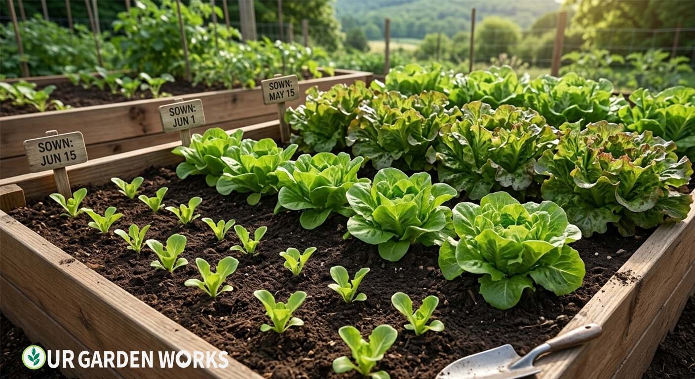 Succession planting — lettuce at three different growth stages showing the continuous harvest system