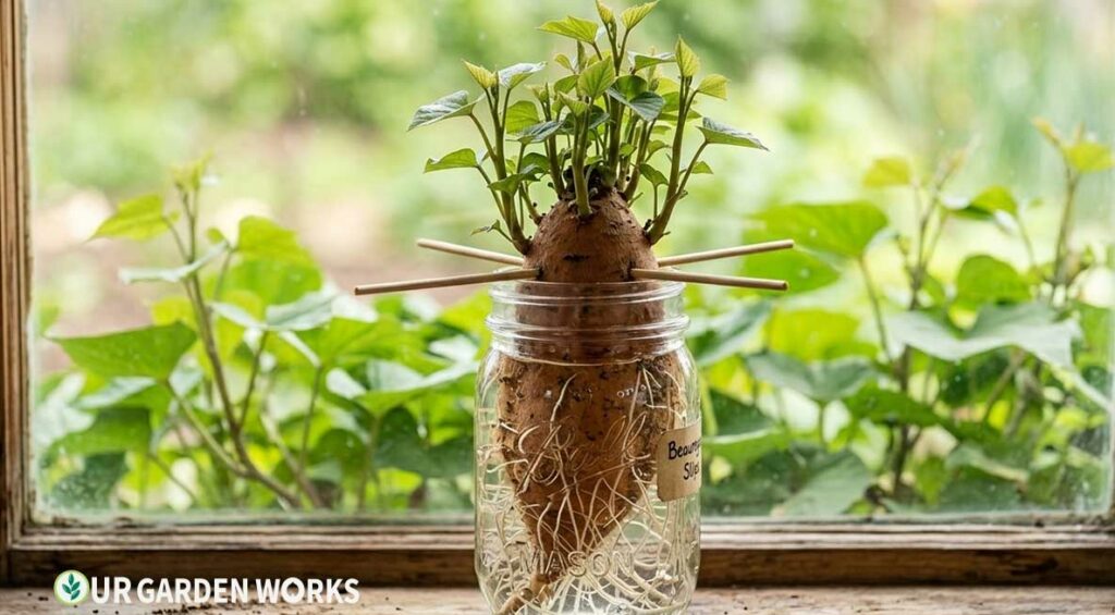 Sweet potato suspended in water jar with multiple slips growing from the top — roots visible on the submerged portion