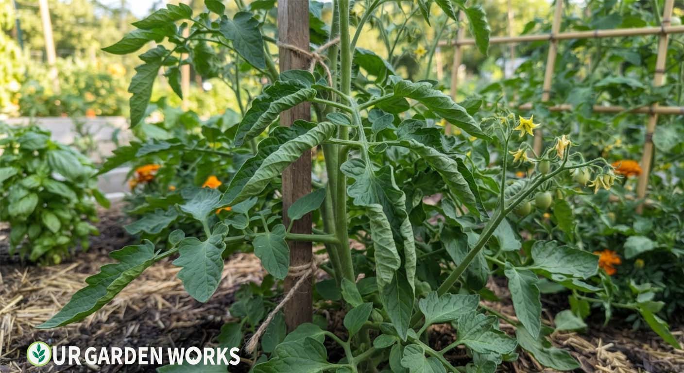 Tomato leaves curling — upward leaf roll on a tomato plant in summer heat