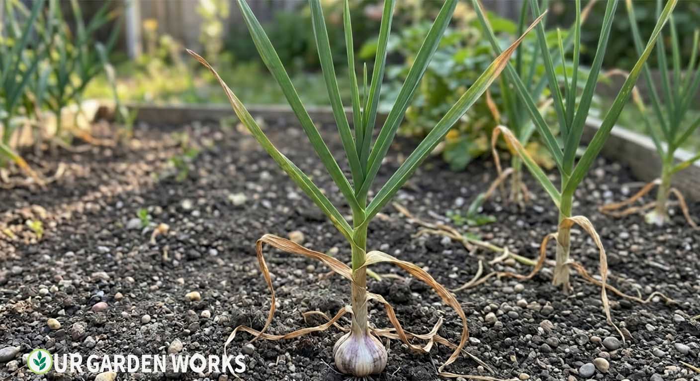 When to harvest garlic — garlic plants with browning lower leaves showing they're nearly ready