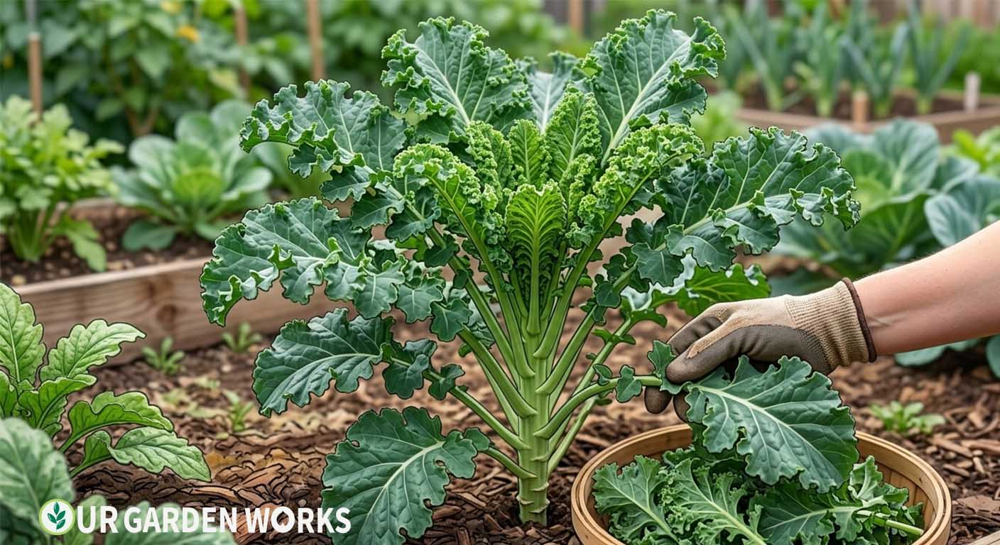 When to harvest kale — harvesting outer leaves from a mature kale plant while leaving center intact