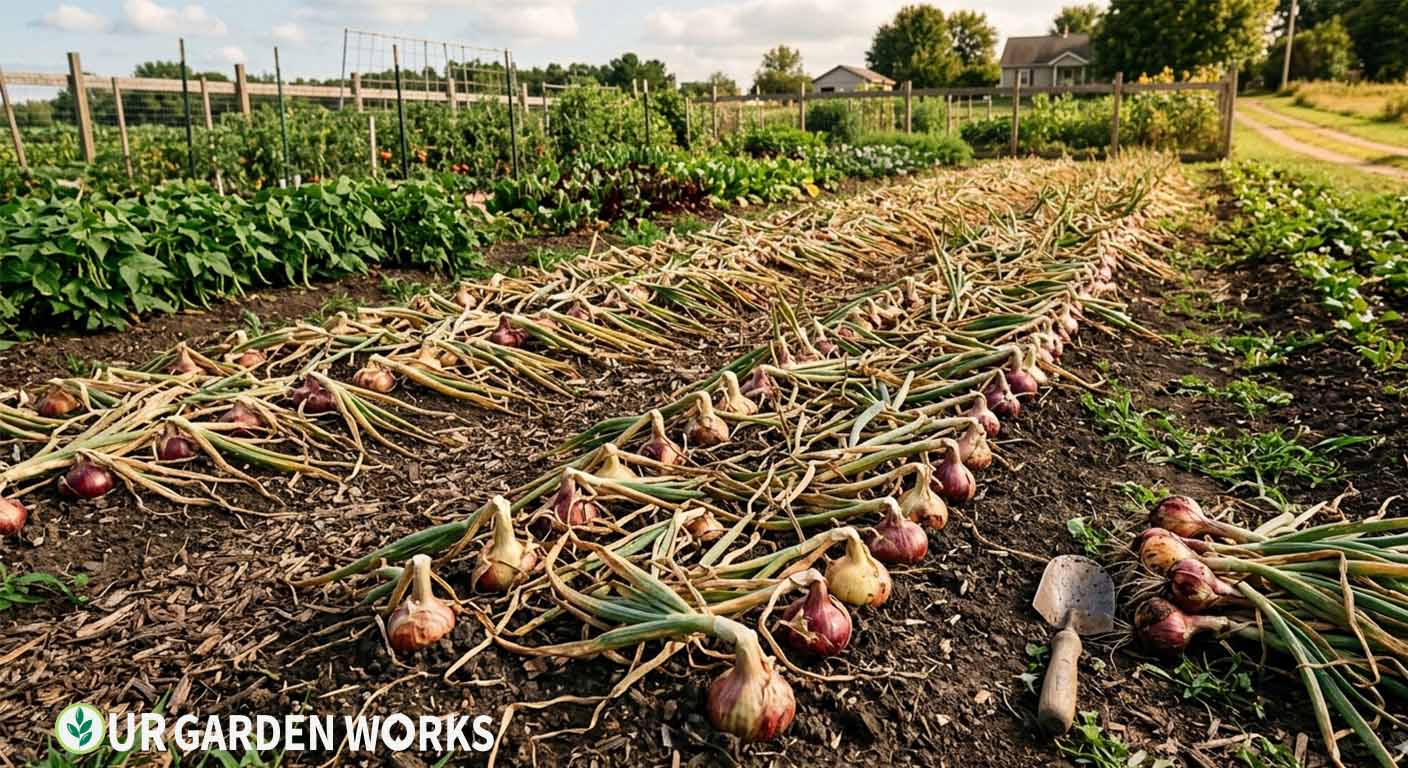 When to harvest onions — onion plants with tops falling over indicating they're ready to harvest