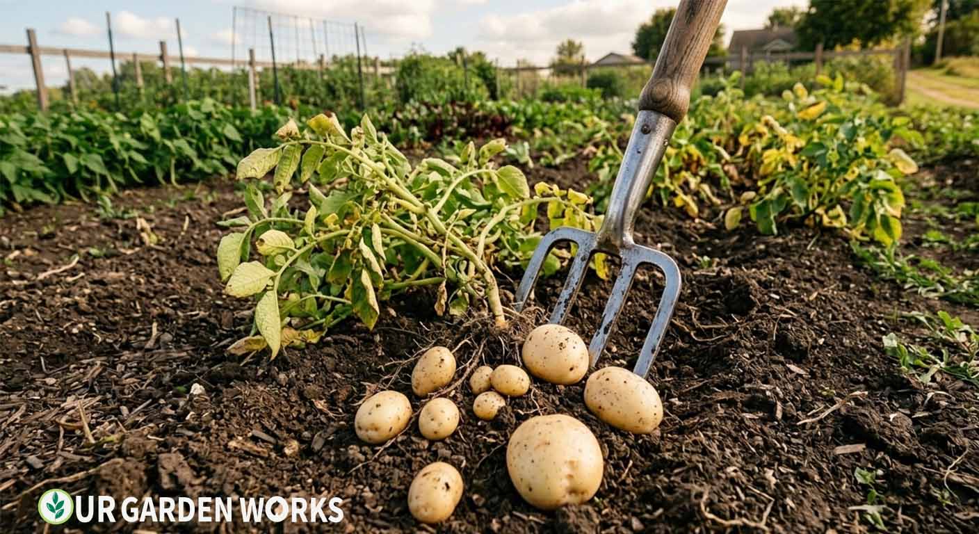 When to harvest potatoes — garden fork lifting potato plant revealing full harvest underneath