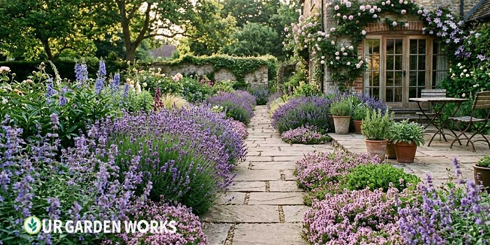 Best plants for a garden path — lavender and creeping thyme lining a stone walkway