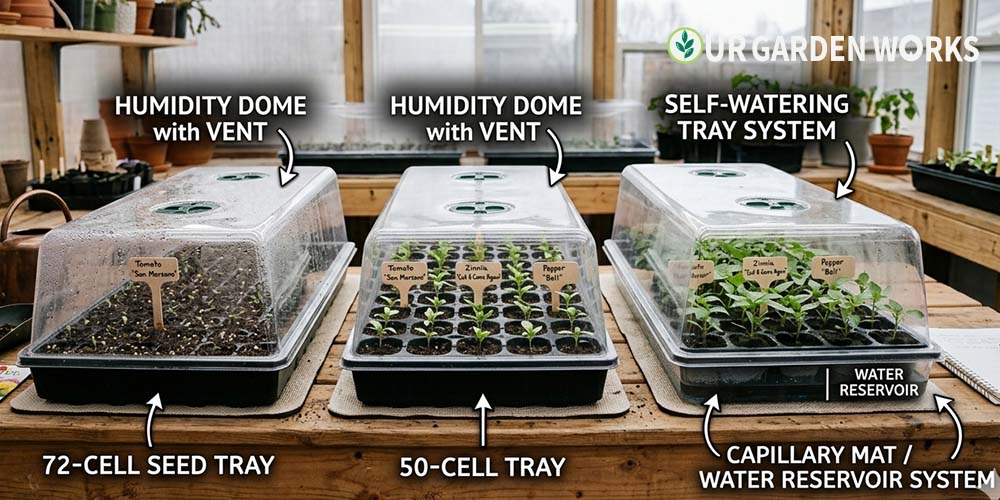 Best seed starting trays — side-by-side comparison of 72-cell, 50-cell, and self-watering seed starting trays with humidity domes