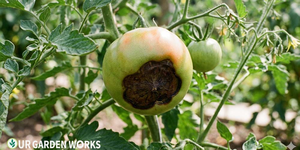 Blossom end rot on tomatoes — dark sunken patch on bottom of green tomato fruit