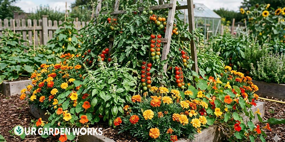 Companion planting tool — tomatoes basil and marigolds planted together in a mixed bed