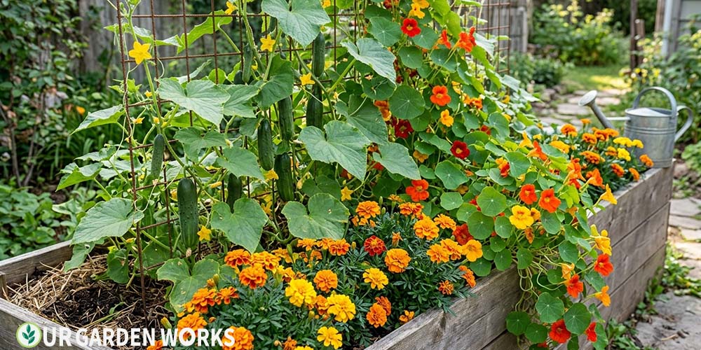 Companion plants for cucumbers — marigolds and nasturtiums growing alongside cucumber vines