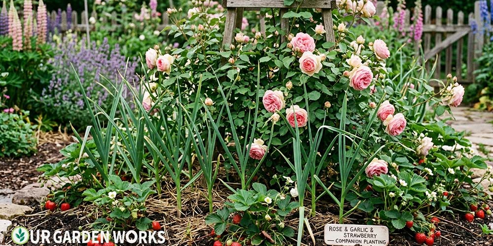 Companion plants for garlic — garlic planted alongside roses in a mixed garden bed