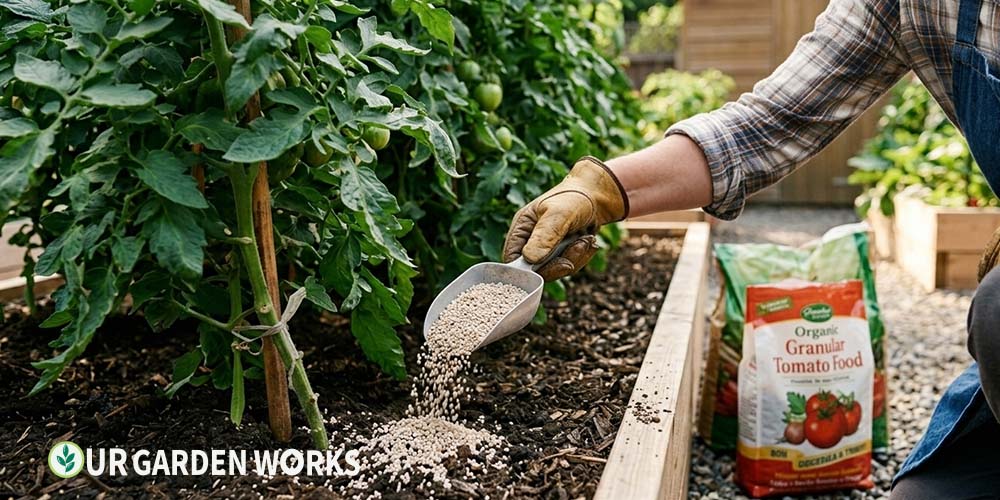 Fertilizer calculator — applying granular fertilizer to vegetable garden bed