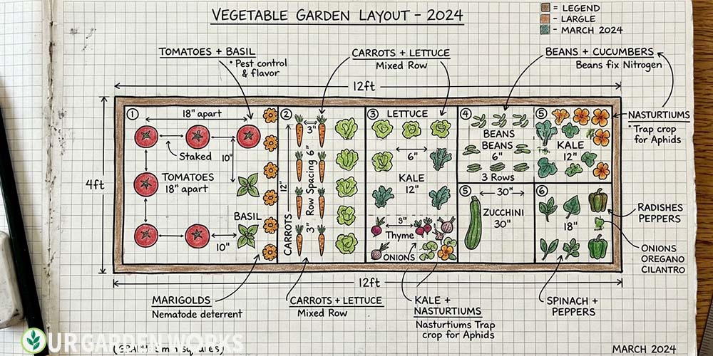 Garden layout designer — planning raised bed layout on graph paper with plant placement