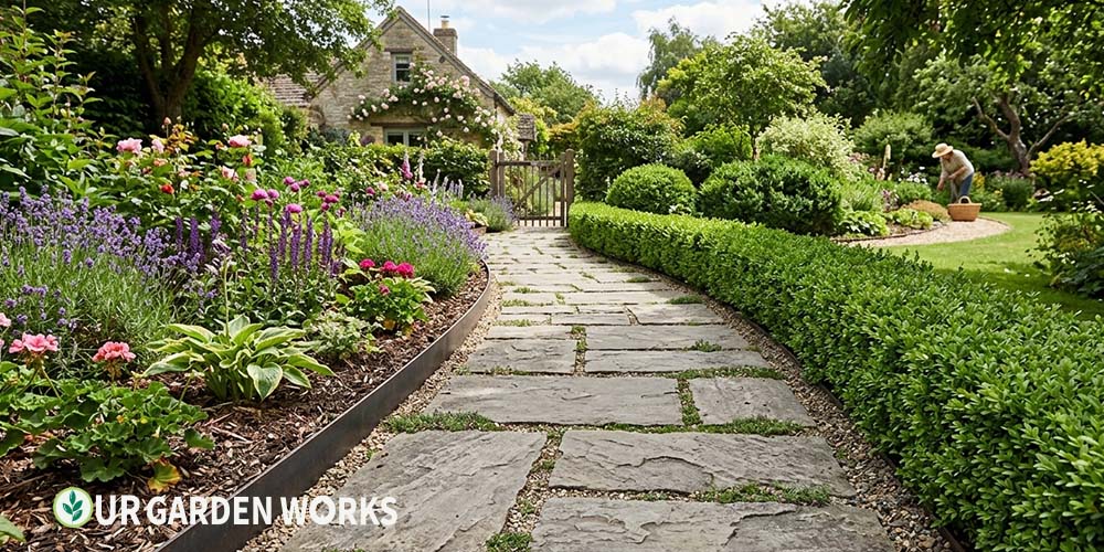 Garden path edging ideas — metal edging and boxwood hedge bordering a flagstone path