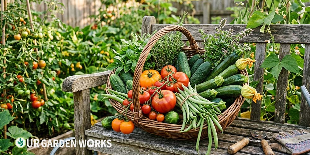 Harvest countdown calendar — abundant summer vegetable harvest in a garden basket
