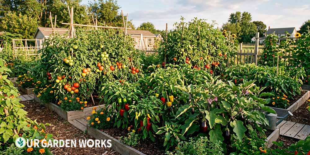 Heat-loving vegetables for summer garden — tomatoes peppers and eggplant in full summer production