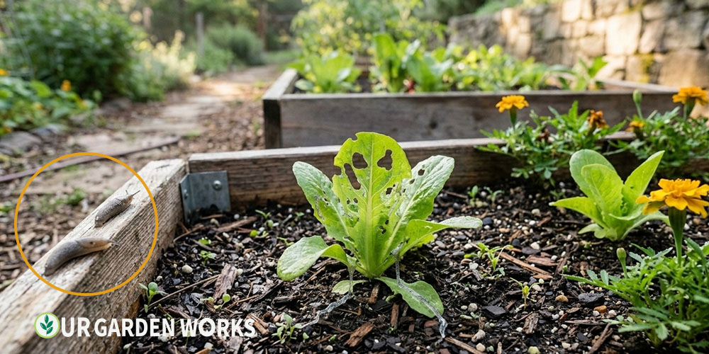 How to get rid of slugs — lettuce seedling with slug damage and slime trail
