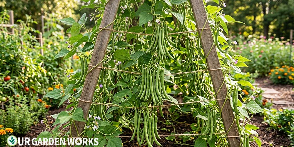 How to grow green beans — pole beans climbing a trellis with beans ready to harvest