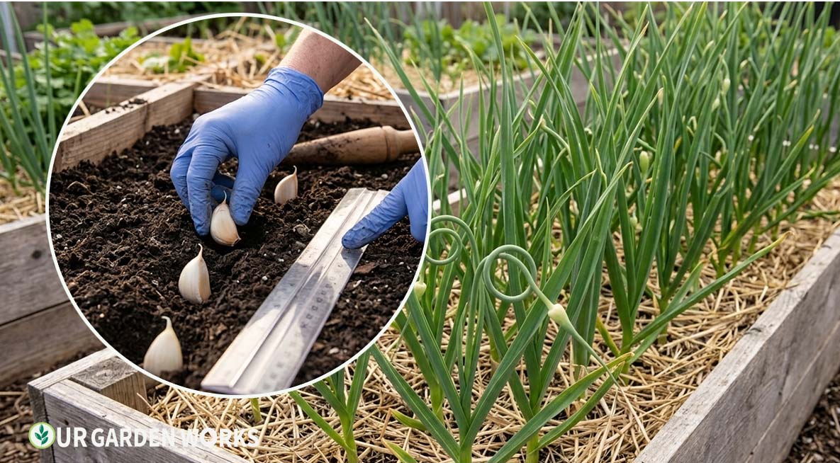 Rows of garlic plants with tall green tops in a raised bed — scapes curling in the foreground