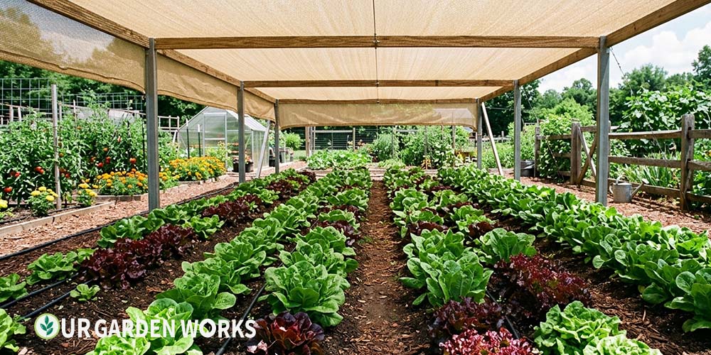 How to keep lettuce cool in summer — lettuce growing under shade cloth to prevent bolting