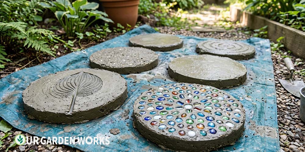 DIY concrete stepping stones drying with decorative leaf imprint and glass pebble inlay