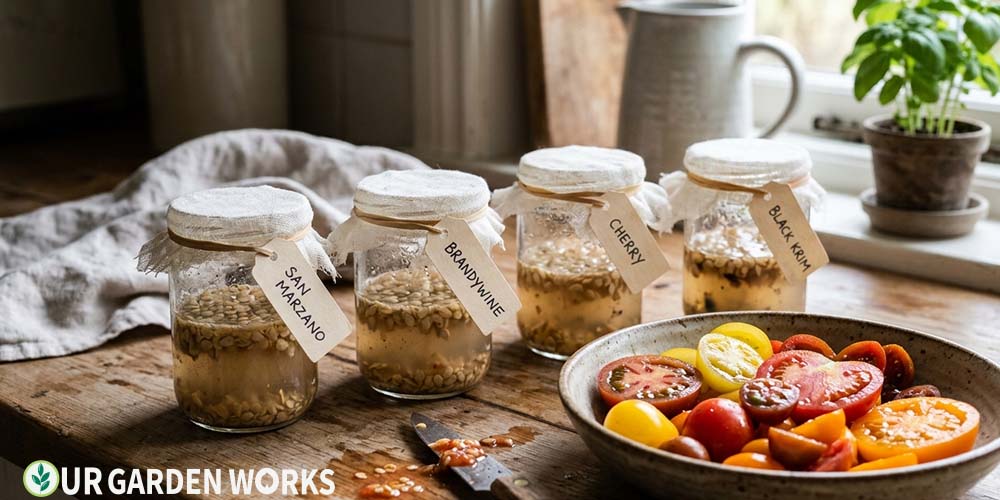 How to save tomato seeds — fermentation method with labeled jars of tomato seeds in water