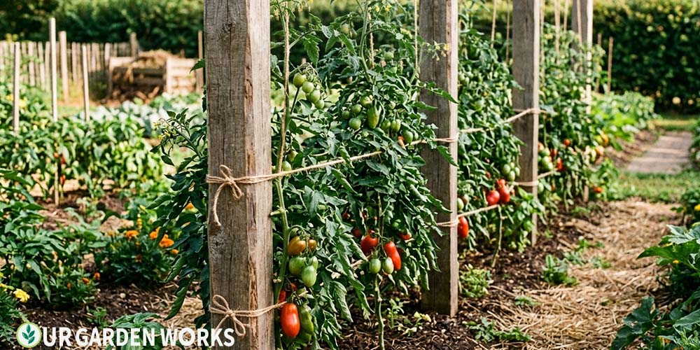 How to stake tomatoes — tomato plants tied to tall wooden stakes in a productive vegetable garden