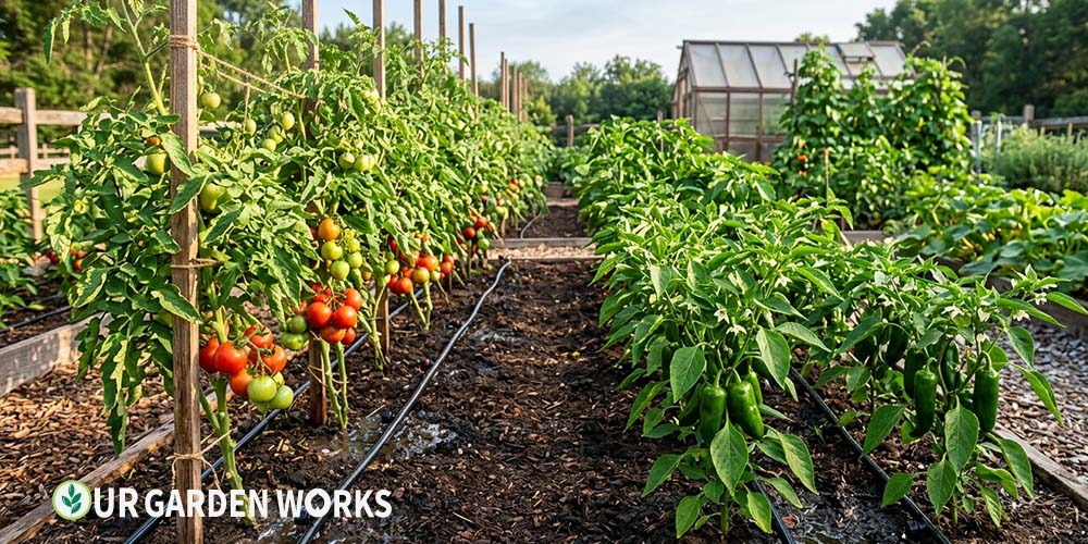 How to water vegetable garden summer — drip irrigation on tomato and pepper plants in summer heat